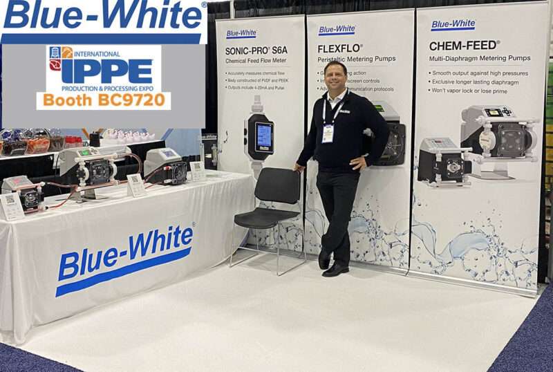 停止布斯BC9720和with AJ about Blue-White®'s Simple and Precise Chemical Dosing Pumps which help ensure proper chemical treatment from the hatchery to the processing plant.